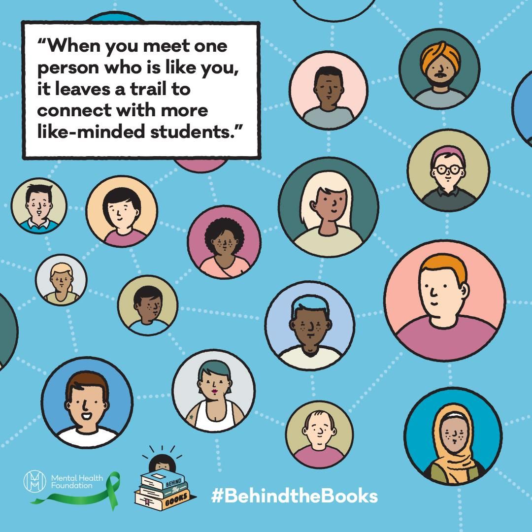 The background shows different drawings of lots of people in circles connected by dotted lines. There is also a quote: "When you meet one person who is like you, it leaves a trail to connect with more like-minded students"