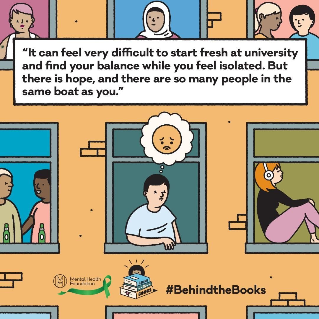 A quote from the blog is displayed: "It can feel very difficult to start fresh at university and find your balance while you feel isolated. But there is hope, and there are so many people in the same boat as you". There is a building in the background showing students appearing in different windows.
