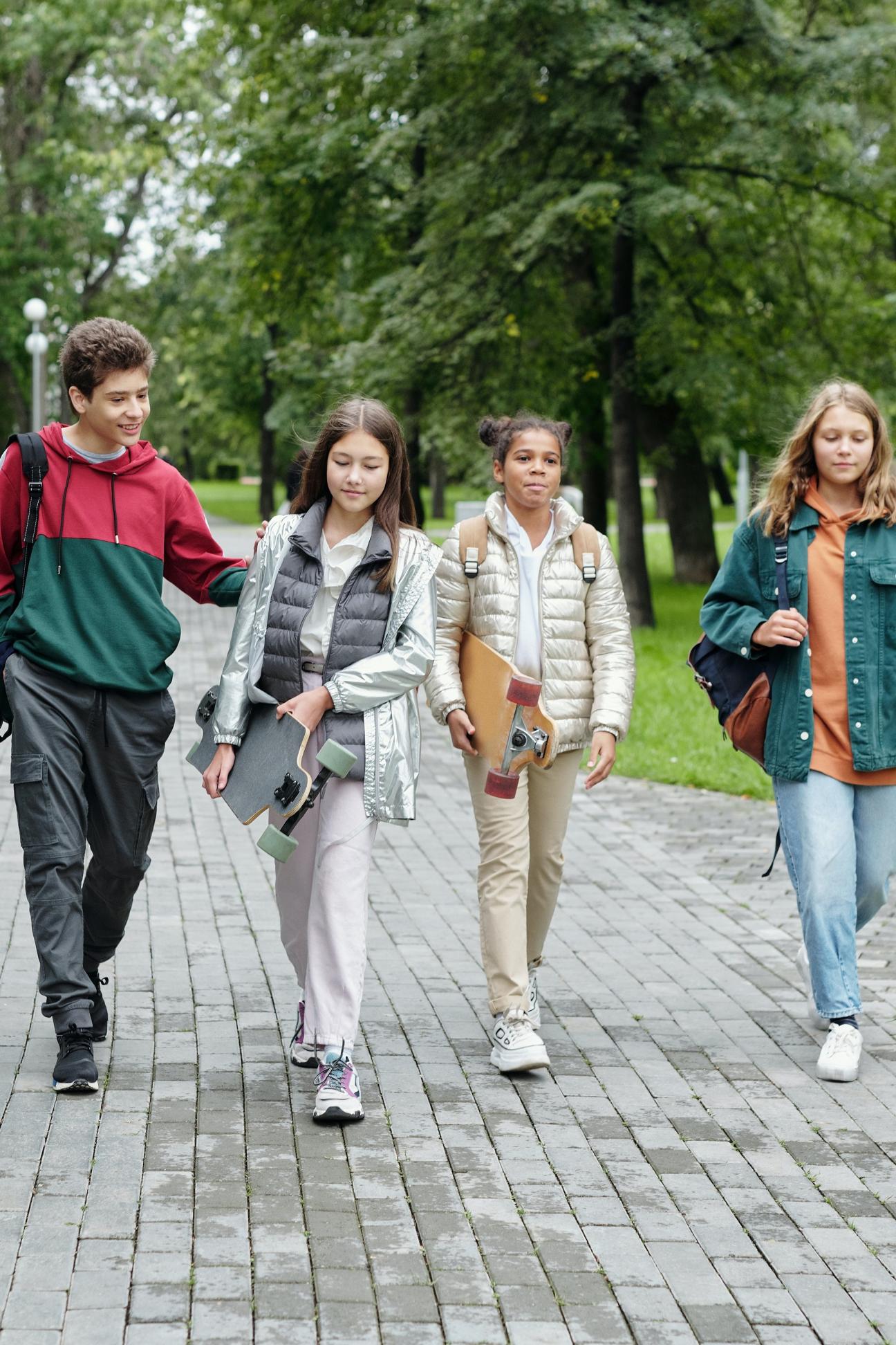 Children walking and smiling in a line
