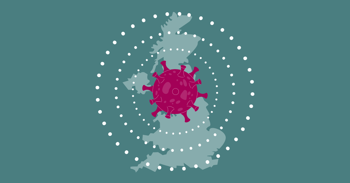 Illustration of COVID virus over the UK