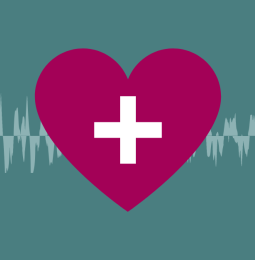 Graphic of a heart with a cross and a soundwave in the background
