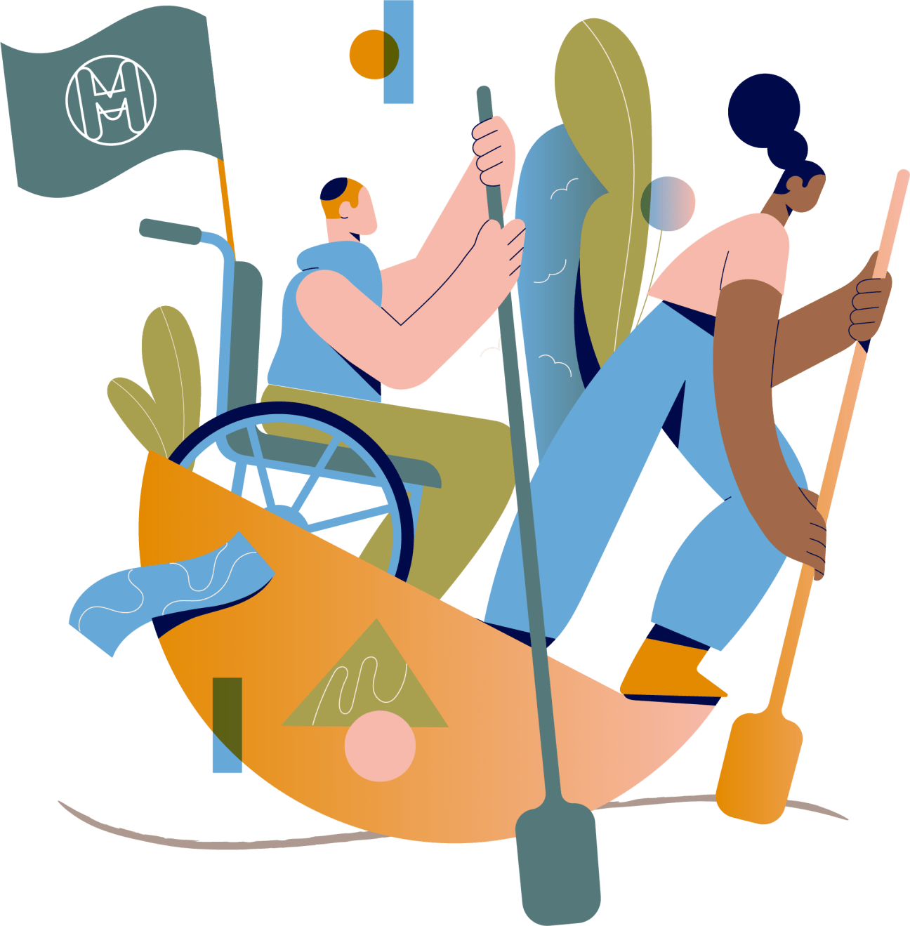 Two people rowing together in a boat