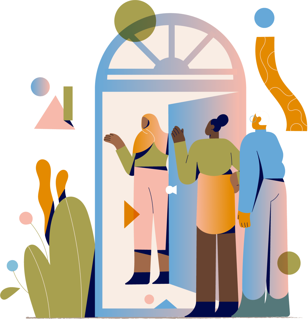A person welcoming two people at a front door
